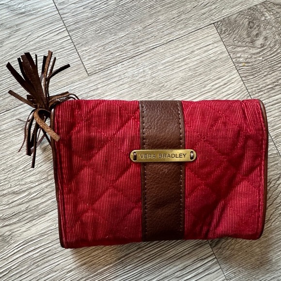 Vera‎ Bradley Quilted Corduroy Wallet Brown Leather Trim Button Key Print Lining - Picture 2 of 10